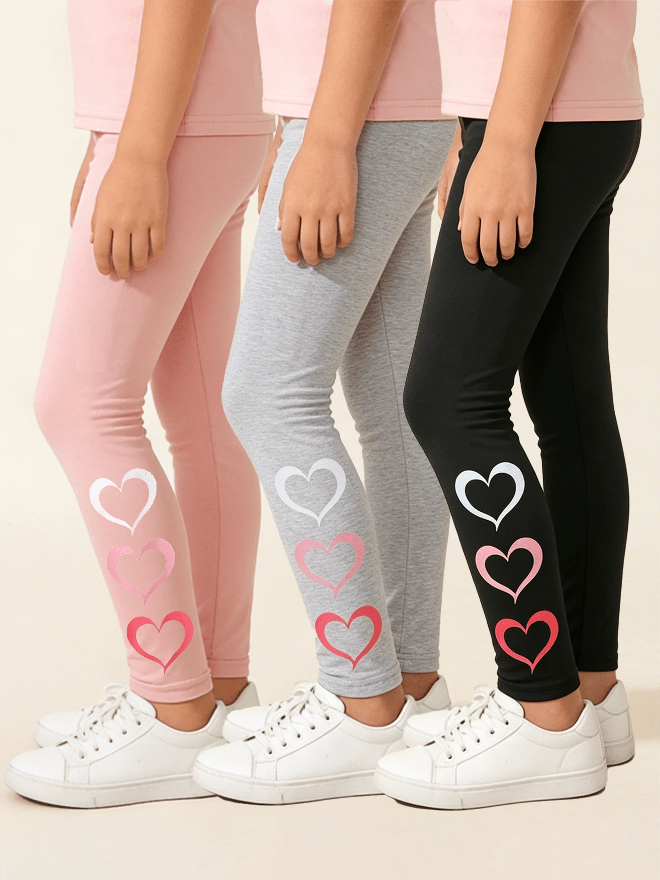 3pcs/Set Legging Anak Perempuan Motif Hati Lucu, Lembut & Ramah Kulit, Celana Serbaguna untuk Dipadukan dengan Pakaian Lain di Musim Semi & Gugur - MultiWarna - View 1
