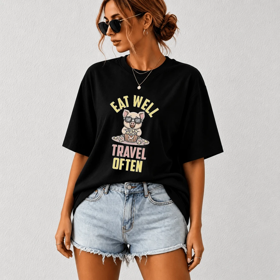 G Studio Women's Oversized T-Shirt Kawaii Pig Glasses With Popcorn Slogan "Eat Well Travel Often" Colorful Print Short Sleeve Casual - T01- - 查看 1