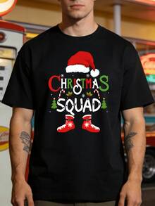 Camiseta Estampada de Navidad para Hombre - Camiseta vintage con temática navideña que presenta un diseño de gorro navideño y copos de nieve, suave y transpirable, de cuello redondo y manga - Negro - Ver 6