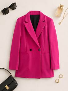 Blazer de manga larga de doble botonadura de unicolor para primavera y otoño - Rosa Fucsia - Ver 1
