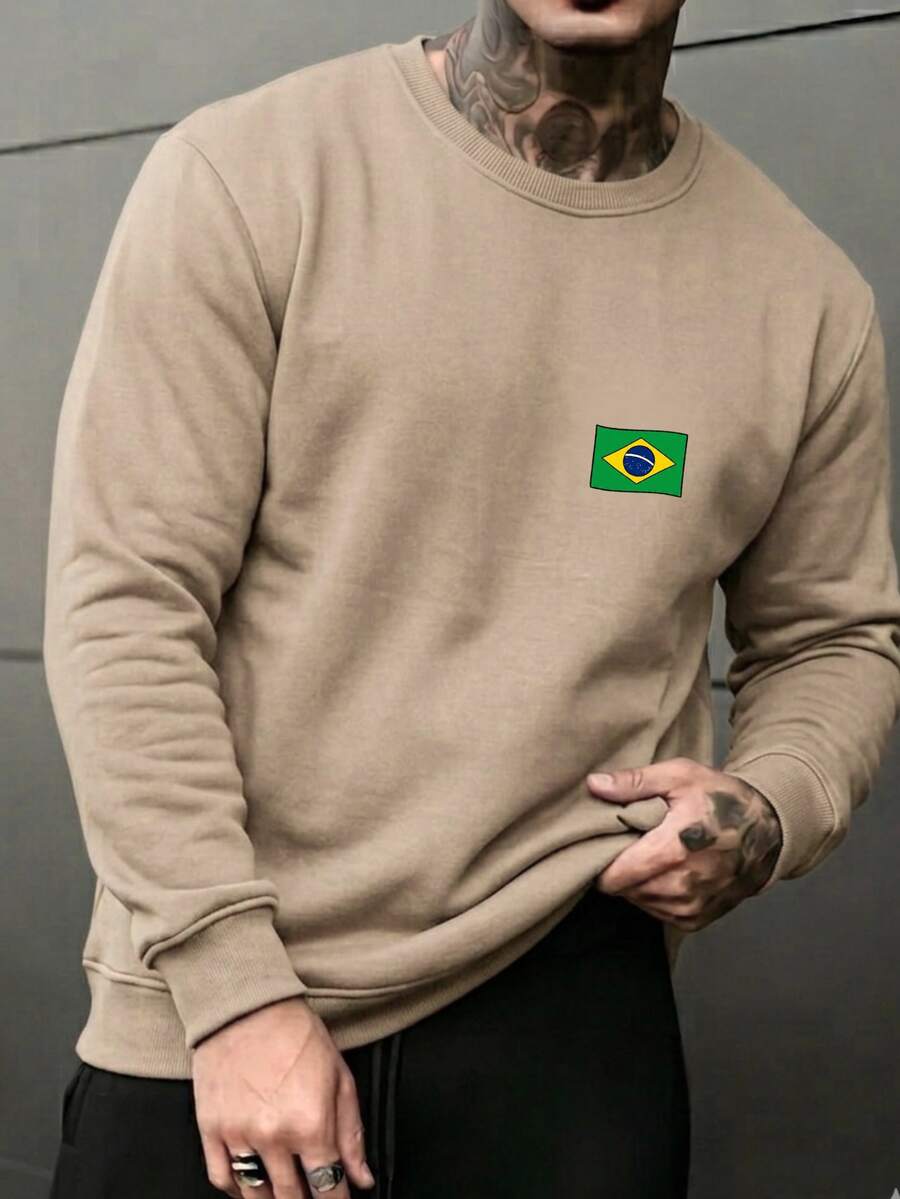 Men's Comfortable And Warm Printed Crew Neck Sweatshirt With Brazil World Cup Design - Beige - View 1