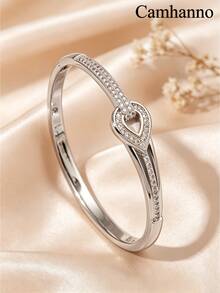 1 pieza Pulsera minimalista de oro con circonita, joyería de moda para mujer, regalo de vacaciones - Plateado - Ver 2