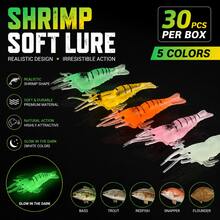 Juego de 30 piezas de señuelos blandos de camarón brillante, 5 colores de señuelos de camarón biónicos fluorescentes con anzuelos, señuelos de pesca de silicona realistas, adecuados para la pesca nocturna en agua dulce y salada - 30 piezas por caja - Ver 5