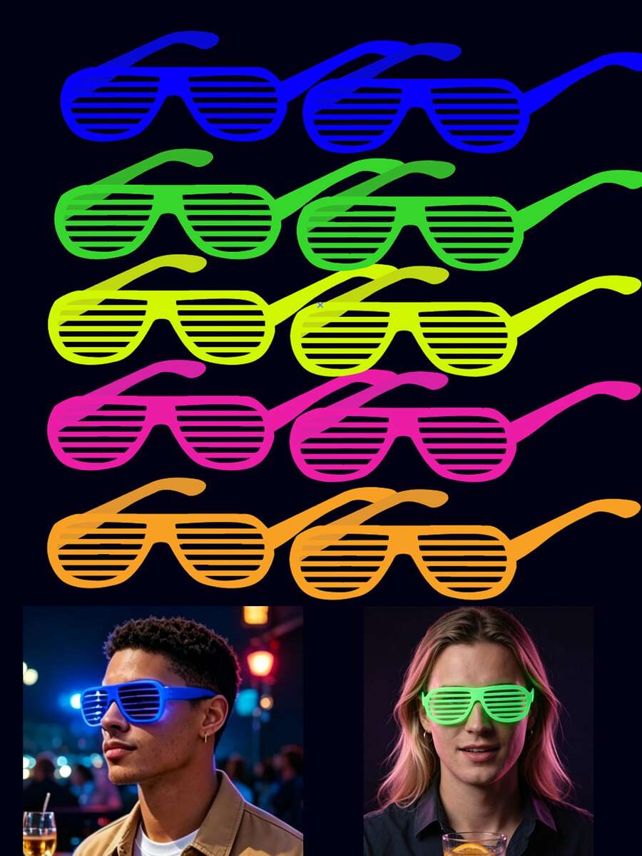 1/10/20pcs Glowing Party Theme Glasses, Disposable Paper Retro Shutter Shades, Neon Party Favors, Suitable For Birthday Party, Dance Party, Party And Music Festival, Beach Accessories, Halloween, Fluorescent UV Glasses Party Favors, Women's, Men's Glasses Accessories - Fluorescent Glasses - View 1