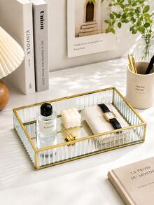 1pc Nordic Luxury Rectangular Striped Glass Storage Tray, Gold Iron Frame With Mirror Glass Bottom, Multi-Functional Vanity Organizer, Suitable For Jewelry, Perfume, Cosmetics, Skincare, Bathroom, Bedroom And Home Decor,Bedroom Room Decor,Back To School - Striped Glass - View 4