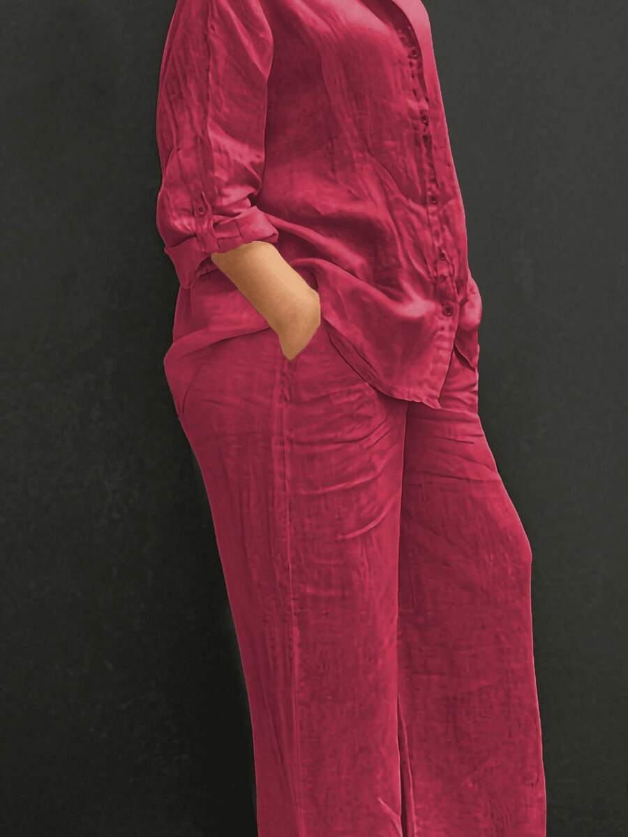 Cardigan casual con cuello polo ligero, blusa elegante de unicolor versátil adecuada para la playa, el diario, el trabajo, las compras, pantalones de pierna ancha con cintura relajada de tel - Rojo - Ver 1