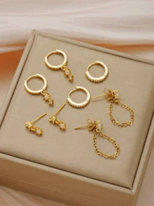 Bộ 4 đôi khuyên tai nữ phong cách Clean Girl Aesthetic, khuyên tai vàng thanh mảnh, gồm khuyên thả dây xích, khuyên nụ, khuyên ôm Huggie đính đá Zirconia - Vàng - Xem 4