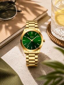 BIDEN 1 pieza Reloj de cuarzo análogo con correa de acero inoxidable impermeable para hombre, reloj de negocios sencillo, regalo para hombres - Dorado - Ver 2