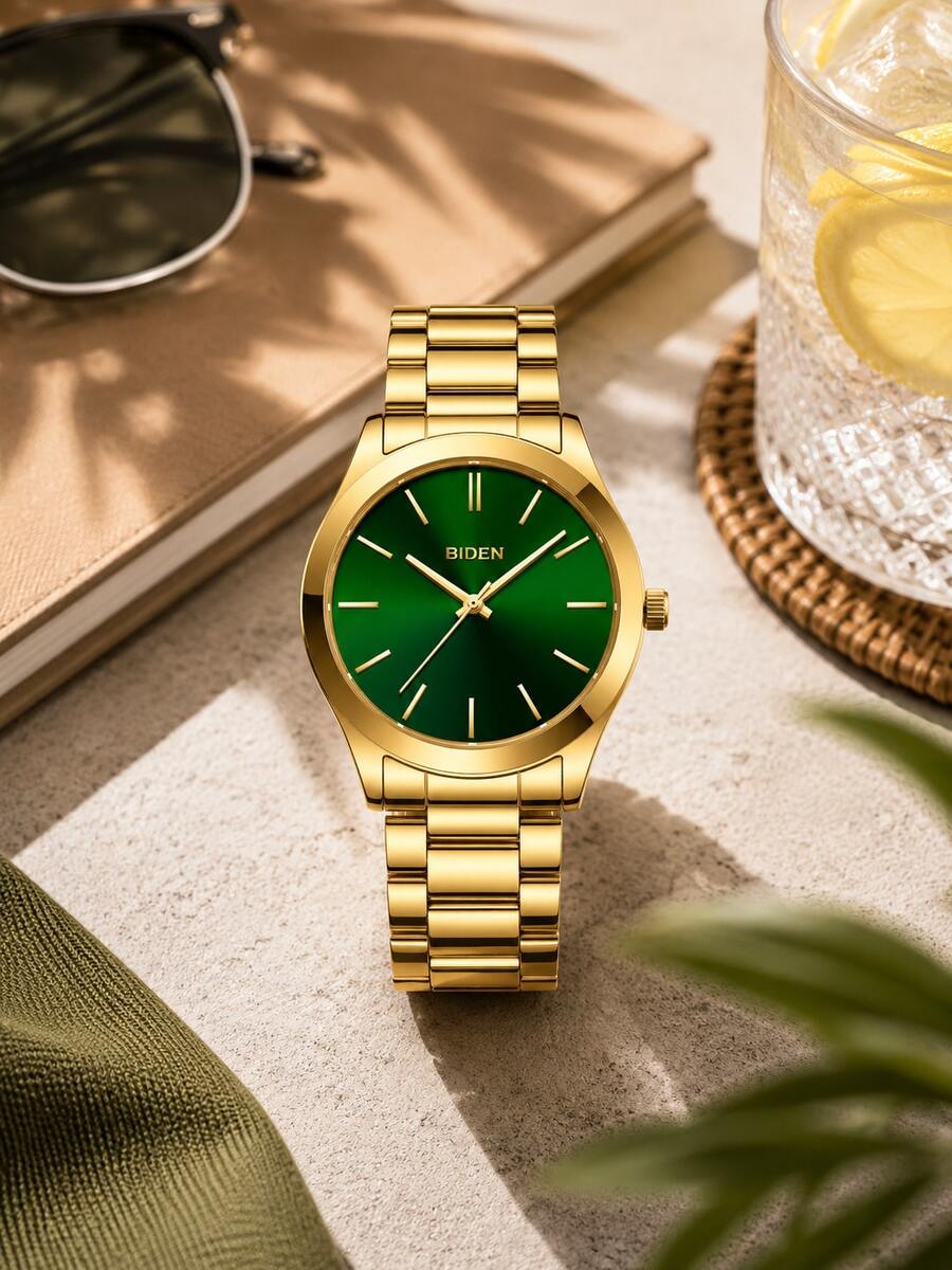 BIDEN 1 pieza Reloj de cuarzo análogo con correa de acero inoxidable impermeable para hombre, reloj de negocios sencillo, regalo para hombres