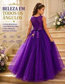 Long Dress For Children, Youth, Party, Flower Girl, Bridesmaid, Wedding, Flower Girl, Debutante, Princess, Miss, Lace With Bow, 3/4 Sleeve, Luxury - 3 To 16 Years - 紫色 - 查看 7