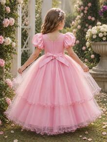 Young Girls Elegant Petal Sleeve Wedding Dress Princess Gown With Beaded Sequin 3D Floral Decor Fluffy Long Skirt, Suitable For Graduation Prom, Party Wear - Dusty Pink - View 5