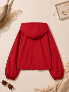 Jaqueta com Capuz e Cordão Sólida para Primavera/Outono - Vermelho - Visão 2