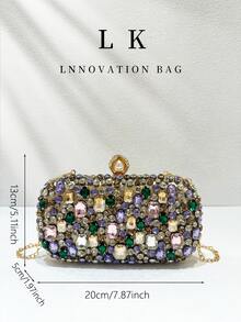 1pc Gorgeous Colorful Rhinestone Embellished Hard Box Clutch Bag For Women, Pearl Clasp Metal Chain Crossbody Evening Bag, Luxury Sparkling Handbag, Suitable For Women's Wedding, Ball, Banquet, Formal Occasions - Multicolor - View 11