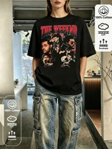 Camiseta negra extragrande para mujer, 2026, con estampado gráfico, degradado rojo vintage, collage de fotos de cantante, manga corta, estilo streetwear, estética Y2K, concierto, verano, informal, holgada. - Negro - Ver 1