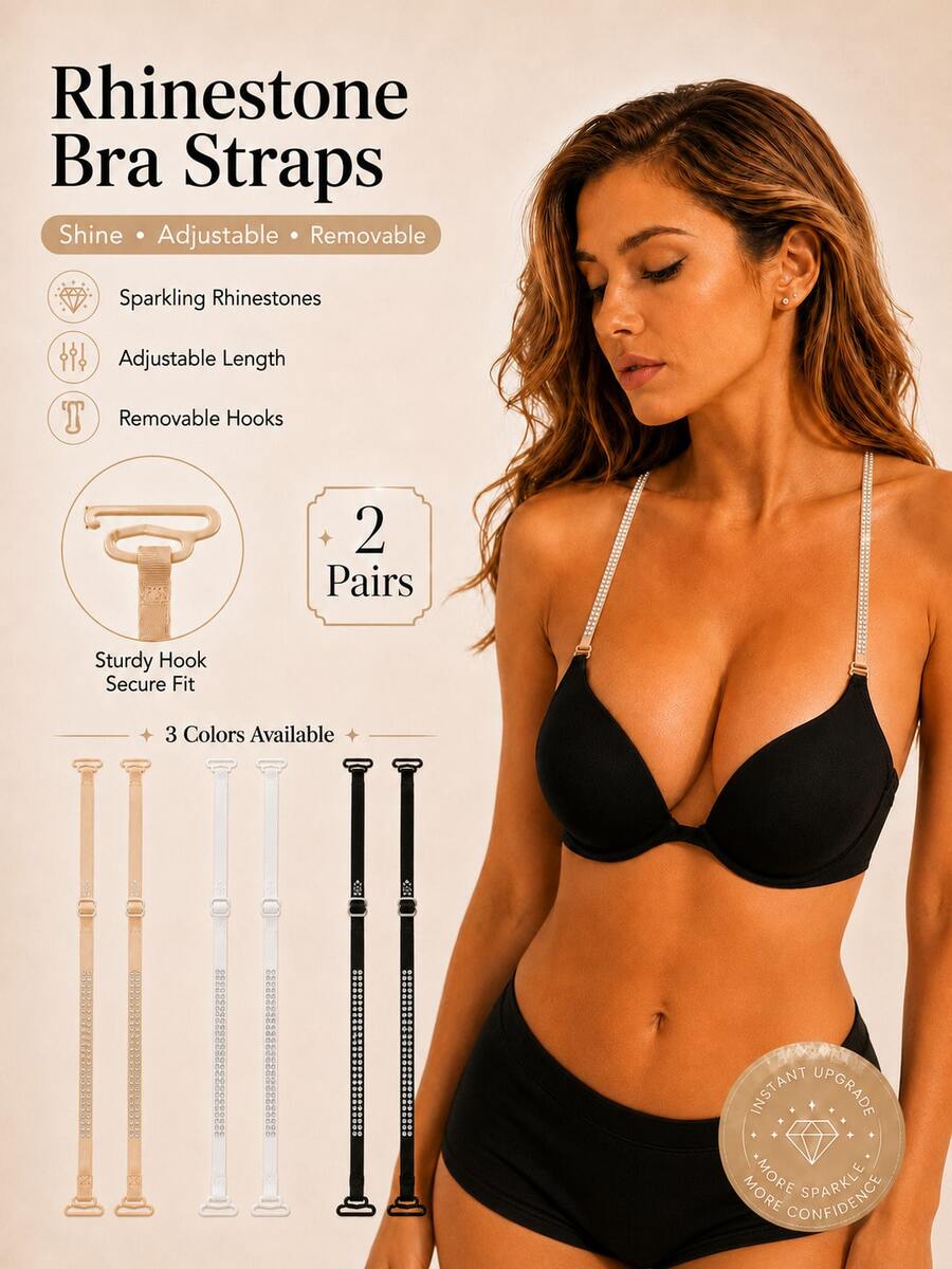 2 Pairs Rhinestone Bra Shoulder Straps, Adjustable & Detachable Replacement Bra Straps, Sparkling Rhinestone Decor Straps For Women's Camisole Dresses - Multicolor - View 1
