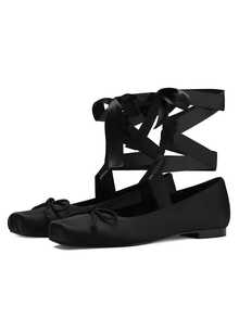 Ballet Flat Shoes Satin For Women Square Toe Bow Lace Up Ribbon Strappy Mary Jane Slingback Ballerina Pumps Lolita Party Wedding Prom Dress Cute Shoes - 黑色 - 查看 7