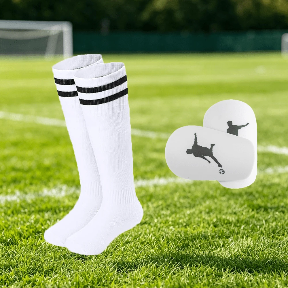 Football Training Accessories Set - Long Striped Socks + Printed Pads Combination, Lightweight Outdoor Sports Accessories, Suitable For Field Training Activities - Characters Kicking a Ball - View 1