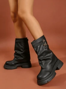 Women's Black Lock Decor Slouchy Mid-Calf Boots, Chunky Platform Casual Boots - Black - View 10