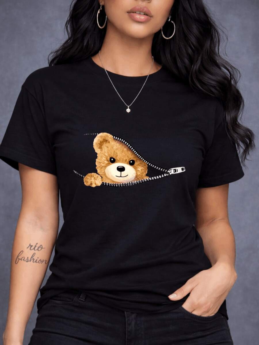 Playera Casual Mujer Estampado Creativo Oso Asomado Cierre Camiseta Manga Corta Cuello Redondo Estilo Kawaii Top Verano Suave - Negro - Ver 1