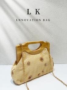 1 pièce Pochette de plage bohème, sac de soirée élégant pour femmes avec décoration florale en perles 3D, poignée en cadre en bois, style vacances d'été, avec chaîne métallique pour sac bandoulière, parfait pour les vacances d'été, les banquets, les mariages et autres occasions - Multicolore - Voir 3