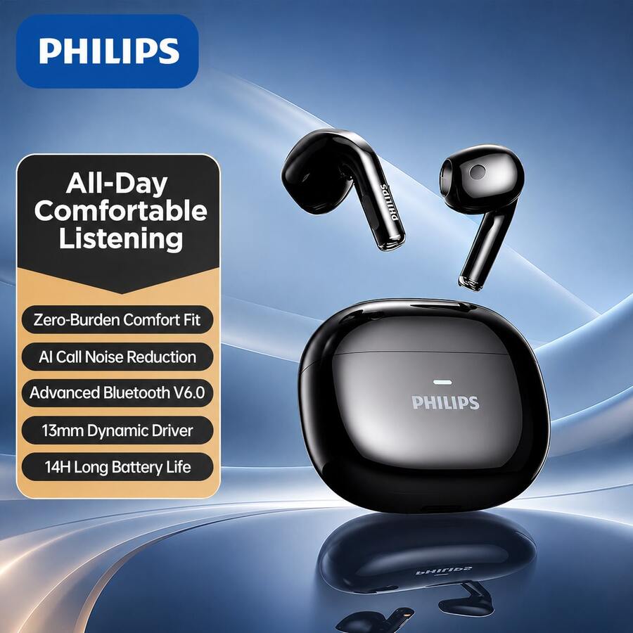 PHILIPS TAT1040 無線藍牙耳機 6.0 穩定連接 AI 降噪 13mm 沉浸式低音 人體工學半入耳式 11 小時長續航輕量運動耳機 - 查看 1