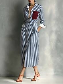 Women's Striped Collared Button Front Midi Dress – Cuffed Long Sleeve Shirt Dress With Contrast Pocket For Office - 彩色 - 查看 3