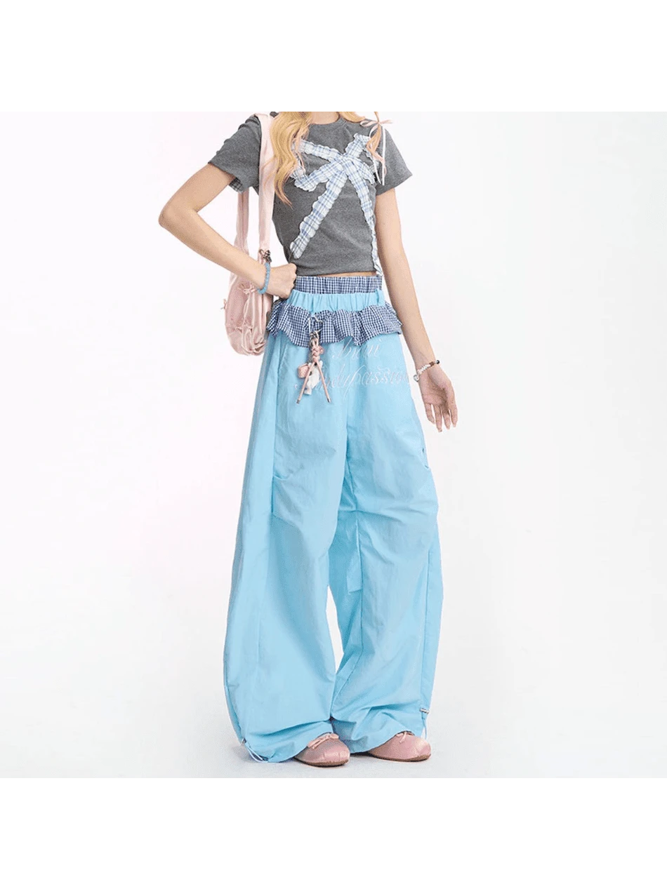 Summer Clothes, Women's Pants, Checkered Lace Wide-Leg Pants, Retro Style, Lightweight, Casual, Cargo Pants, Figure-Flattering, Cute.
