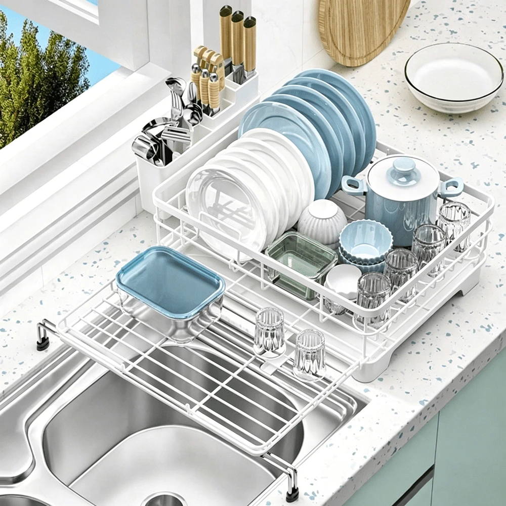 1pcs Expandable Dish Drying Rack Carbon Steel Dish Rack For Kitchen Counter, Space Saving Dish Drainer With Utensil Holder And Drainboard - White - View 1