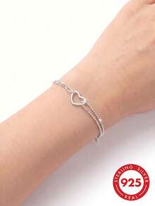 925 Sterling Silver Hollow Heart Adjustable Elegant French Style Bracelet, Gift Box For Valentine's Day/Birthday - Silver - View 3