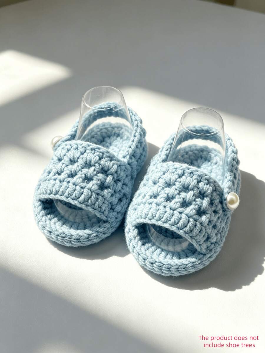 1 Pair Handmade Crochet Infant Sandals, White, Open Toe With Strap Design, Suitable For Newborns - Baby Blue - View 1