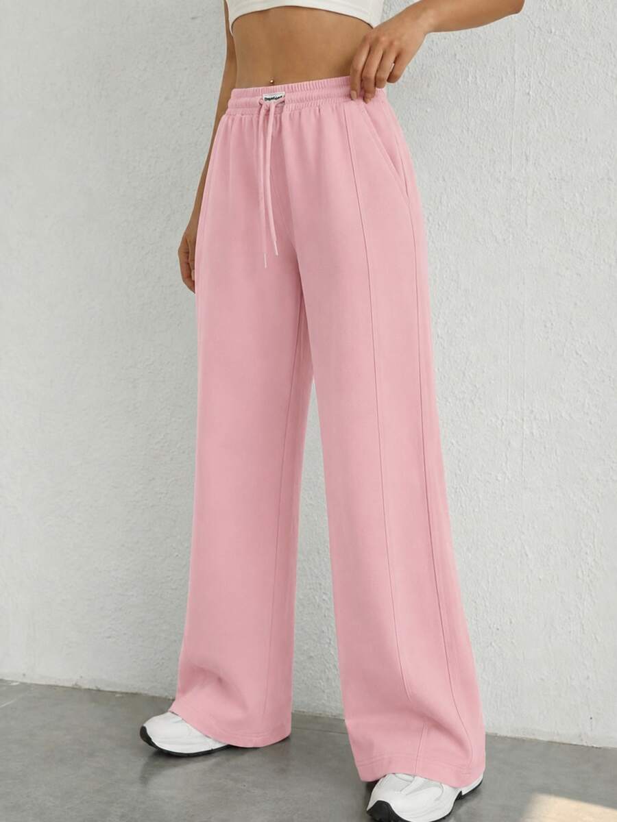 Pantalones Anchos Rosa Cerezo para Mujer con Cordón, Estilo Casual Coreano Ocasiones Paseos, compras, vacaciones, deporte ligero - Rosa - Ver 1
