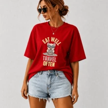 G Studio Women's Oversized T-Shirt Kawaii Pig Glasses With Popcorn Slogan "Eat Well Travel Often" Colorful Print Short Sleeve Casual - T01-紅色 - 查看 1