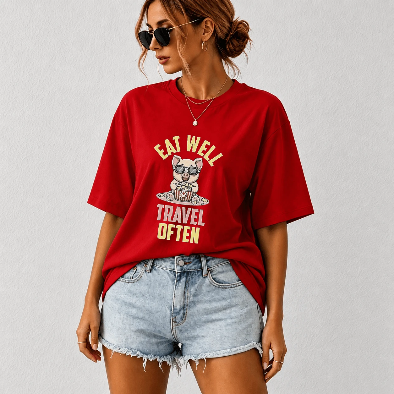 G Studio Women's Oversized T-Shirt Kawaii Pig Glasses With Popcorn Slogan "Eat Well Travel Often" Colorful Print Short Sleeve Casual - T01-紅色 - 查看 1