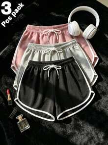 3pcs/Set - Women's Summer Sports Casual Shorts, Black With White Trim, Elastic Drawstring Waist, Comfortable Cool Breathable Outdoor Sports Fitness Hot Pants, Perfect For Outings, Beach, Gift For Girlfriend, Lover - Multicolor - View 1