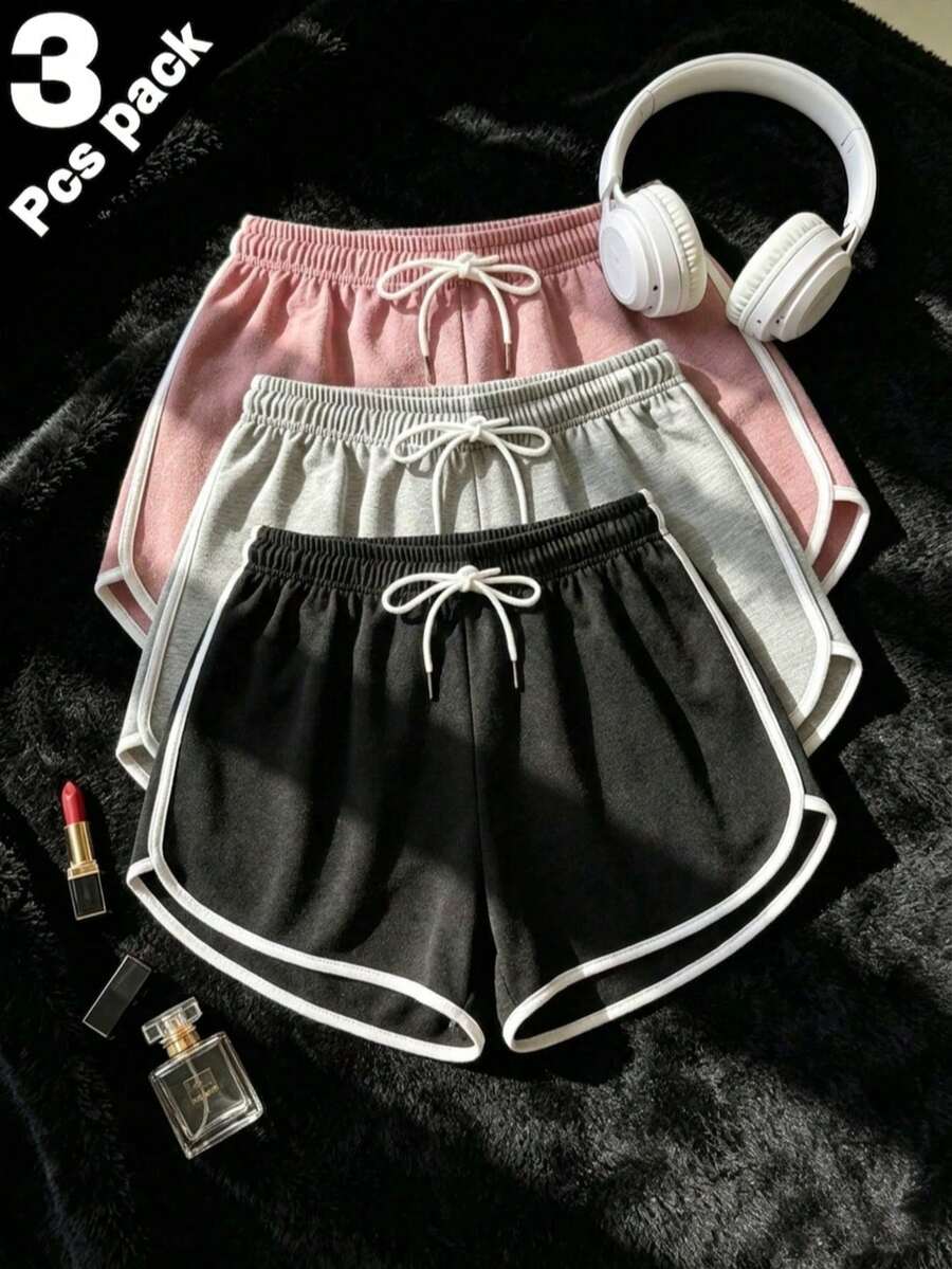 3pcs/Set - Women's Summer Sports Casual Shorts, Black With White Trim, Elastic Drawstring Waist, Comfortable Cool Breathable Outdoor Sports Fitness Hot Pants, Perfect For Outings, Beach, Gift For Girlfriend, Lover - Multicolor - View 1