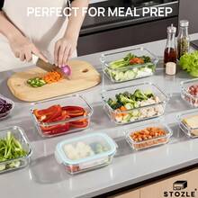 Stozle 10pcs Glass Food Storage Container Set With Vented Lids, Leak-Proof, Sealed Glass Lunch Boxes For Pantry, Kitchen, And Dishwasher Use (8 Food Storage Containers + 2 Spice Jars) - 10 Gray Pieces - View 7