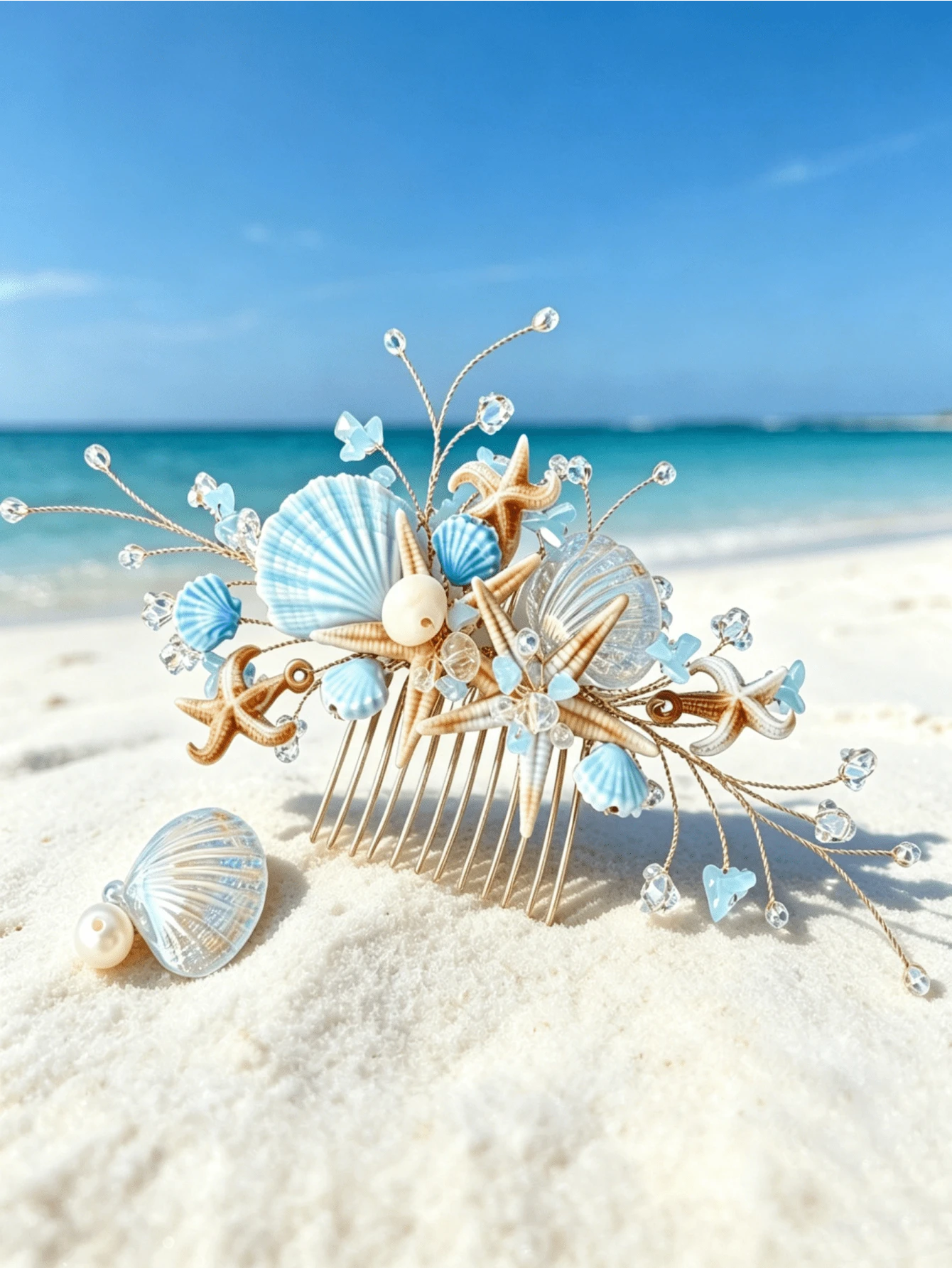 1PC Exquisite Ocean Hair Comb, Handmade Woven Starfish & Shell Hair Stick Comb, Beach Vacation Side Hair Accessory,Haircomb - Multicolor - View 1