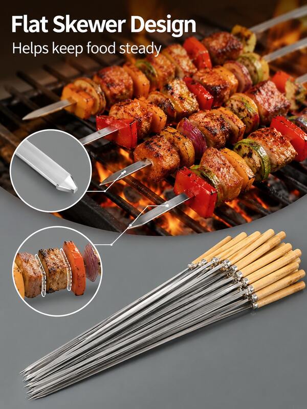 Barbecue Skewers, Multi-Functional Metal Barbecue Rods, Stainless Steel Barbecue Skewers With Wooden Handle, Barbecue Needles/Rods - Outdoor Cooking & Barbecue Supplies, Suitable For Chicken Wings And Meat Skewers