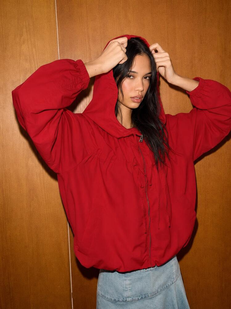 Chaqueta con capucha con cordón de unicolor para primavera/otoño - Rojo - Añade 3