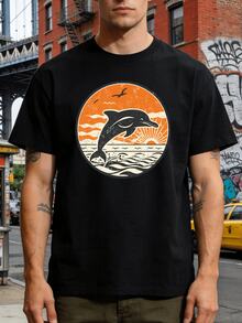 Men's Vintage T-Shirt With Sunset Dolphin Print - Soft And Breathable, Vintage Beachwear, Orange And White Dolphin Print, Lightweight Short-Sleeved T-Shirt - 黑色 - 查看 8