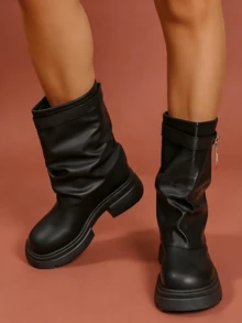 Women's Black Lock Decor Slouchy Mid-Calf Boots, Chunky Platform Casual Boots - Black - View 4