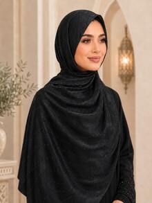 1pc Women's Luxury Heavy Rhinestone Jacquard Satin Headscarf Shawl, For Abaya And Formal Occasions - Black - View 3