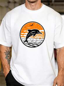 Men's Vintage T-Shirt With Sunset Dolphin Print - Soft And Breathable, Vintage Beachwear, Orange And White Dolphin Print, Lightweight Short-Sleeved T-Shirt - 黑色 - 查看 7