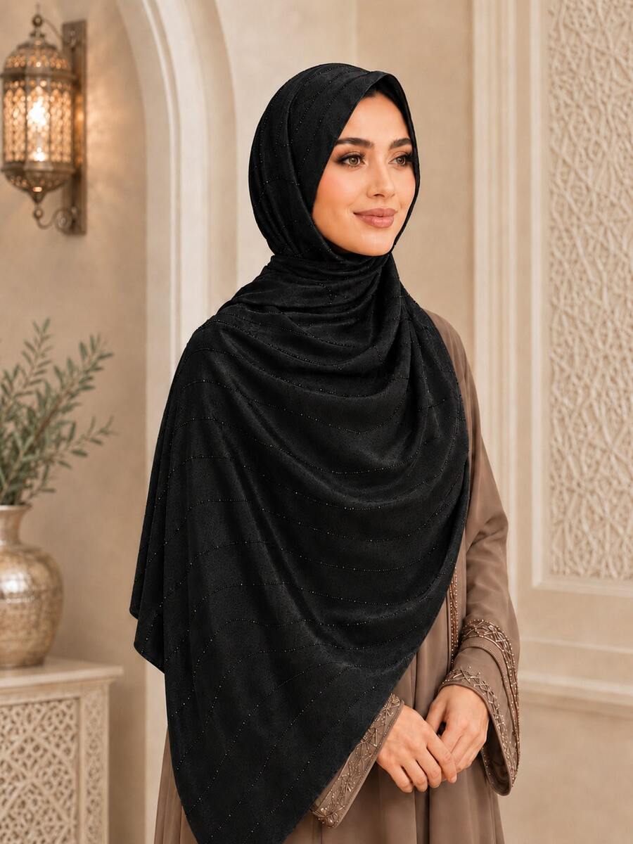 1pc Women's Luxury Heavy Rhinestone Jacquard Satin Headscarf Shawl, For Abaya And Formal Occasions - Black - View 1