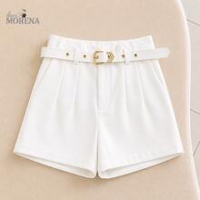Women's Tailored High-Waisted Shorts With Gold Belt And Pockets – Elegant Casual Chic Look São João Women's Fashion 2026 Blogger Fashion Viral Social Comfortable Premium - 白色 - 查看 2