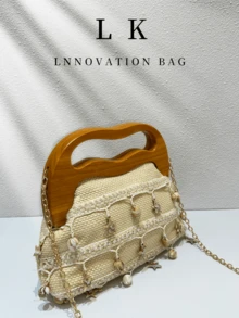 1 pièce Pochette de plage bohème, sac de soirée élégant pour femmes avec décoration florale en perles 3D, poignée en cadre en bois, style vacances d'été, avec chaîne métallique pour sac bandoulière, parfait pour les vacances d'été, les banquets, les mariages et autres occasions - Multicolore - Voir 8