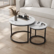 White Nesting Coffee Table 2-Piece Set, 60cm Metal Frame Round Coffee Table, Modern Coffee Table 2-Piece Set, Suitable For Living Room, Bedroom, Balconies, Patios, Offices, Small Space - White - View 3