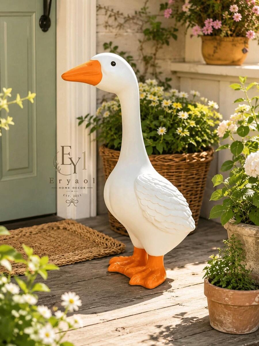 7 Inch Resin Goose Garden Sculpture - Weather-Resistant White Animal Decor - Rustic Style, Perfect For Outdoor Lawn, Garden And Porch