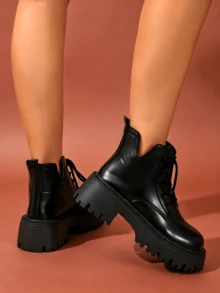 Women's Black Lace-Up Thick-SoleBoots, Casual Versatile Platform Ankle Boots For Fall And Winter - Black - View 6