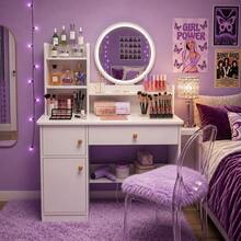 Compact Vanity Desk With Mirror & Lockable Cabinet, 3-Tier Makeup Table With Storage Shelves For Bedroom, Modern Nordic Space-Saving Dressing Table 80*40*130cm - White - View 3